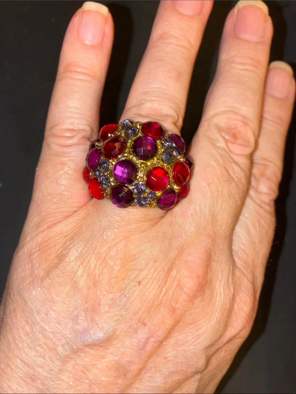 Silver Tone Red & Purple Cluster Statement Stretch Ring